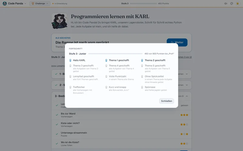 Fortschritt: Stufe 3 „Junior“ mit dem Balken bis zur nächsten Stufe und die Abzeichen, drei davon erreicht