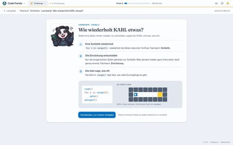 Lernkarte „Wie wiederholt KARL etwas?“: drei Punkte zu Schleife, Einrückung und range, darunter ein Beispielprogramm und das Lager, in dem KARL es vorführt