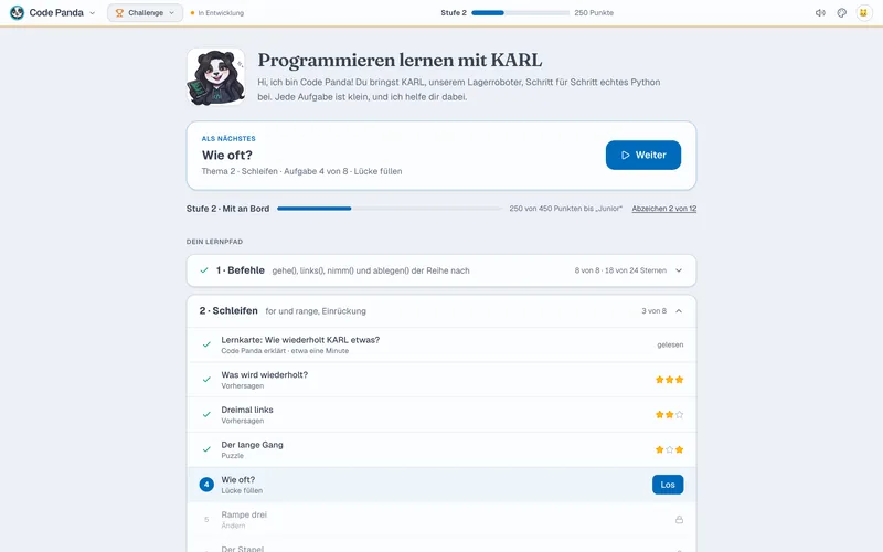 Der Lernpfad: oben „Als Nächstes“ mit der nächsten Aufgabe, darunter Stufe und Punkte, dann die Themen Befehle und Schleifen mit gelösten Aufgaben und Sternen