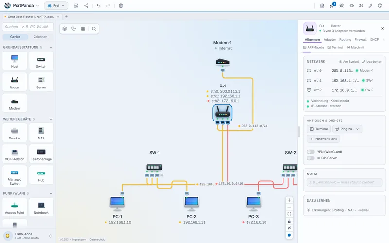 Der Router ist ausgewählt, rechts zeigt das Geräte-Panel seine drei Adapter mit Adressen, Verbindungen und Aktionen wie Terminal und Ping