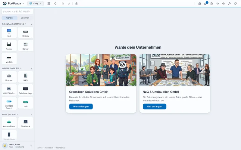 Story-Modus: Auswahl zwischen GreenTech Solutions GmbH und NzG & Unglaublich GmbH, beide mit einer Illustration des Teams