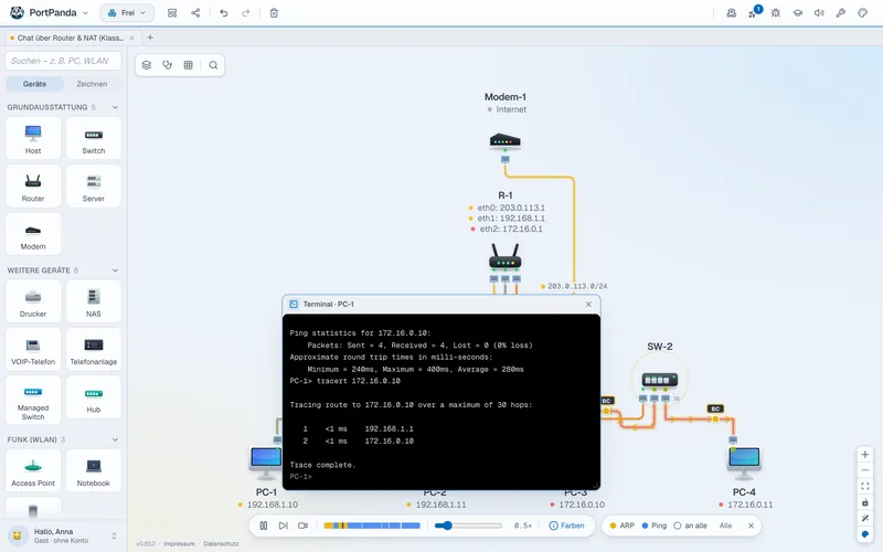 Ein Terminal-Fenster von PC-1 mit der Ausgabe von ping und tracert, darunter läuft das Paket als Animation über die Kabel